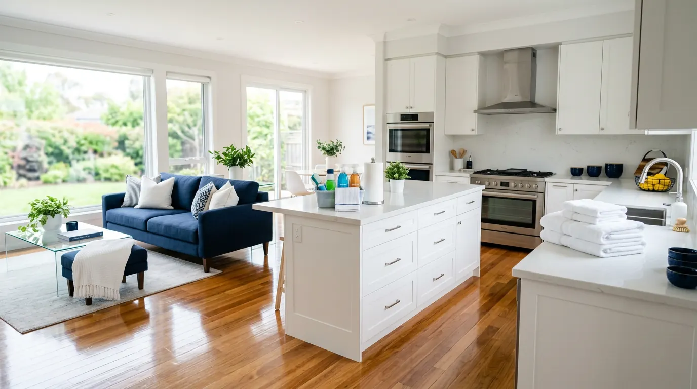 Bright, spotless living room and kitchen after a professional cleaning