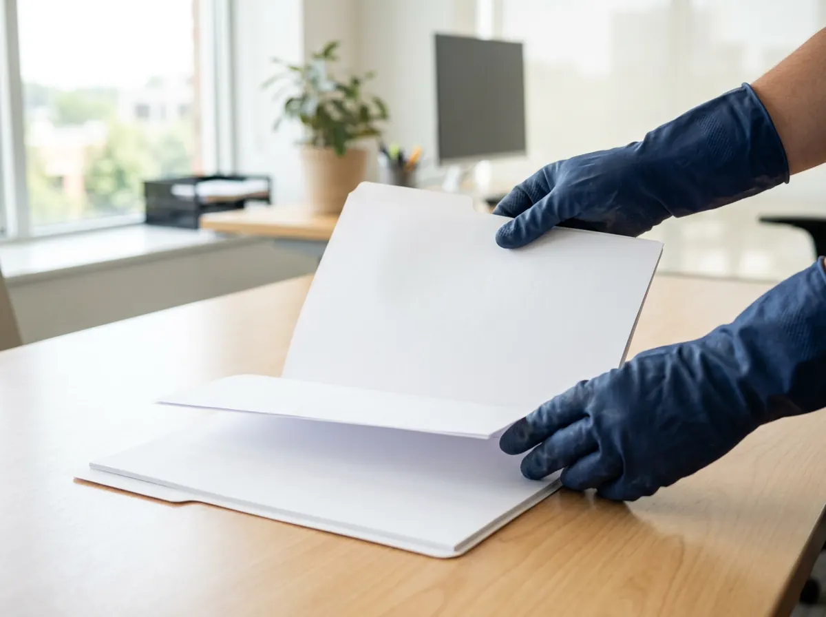 Gloved hands wiping an office desk with a microfiber cloth