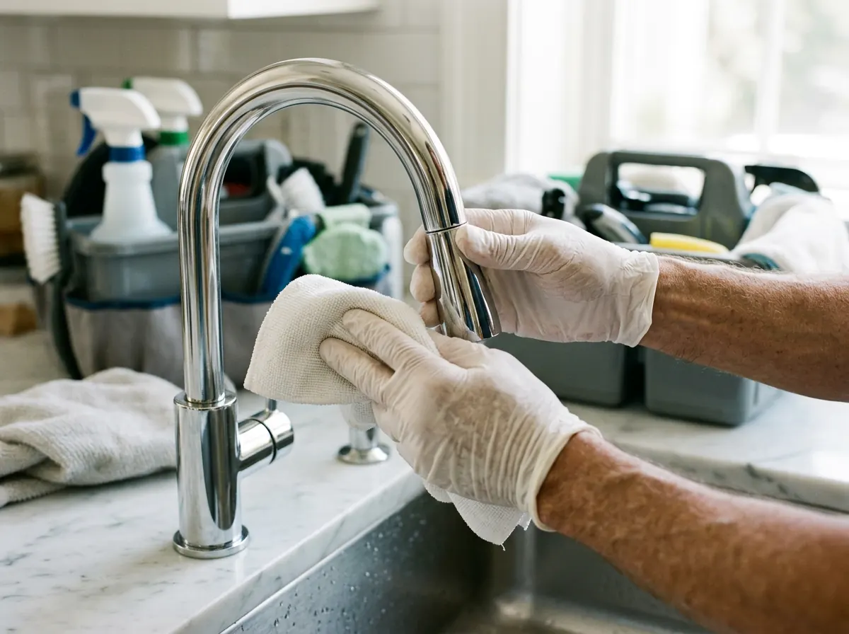 Gloved hands polishing a stainless steel kitchen counter