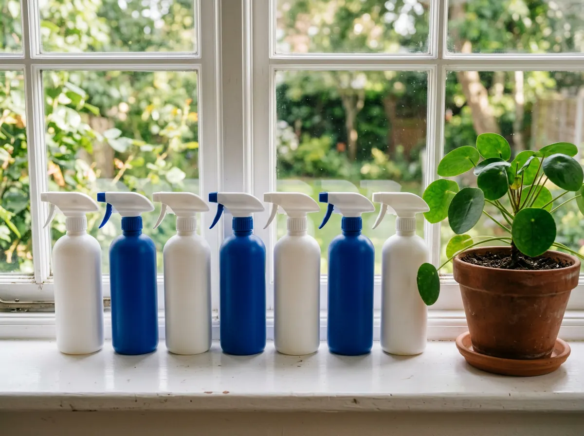 Hands holding an eco-friendly cleaning spray beside houseplants