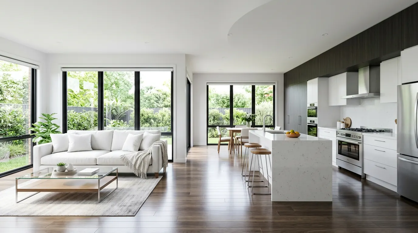 Spotless modern living room and kitchen after professional cleaning