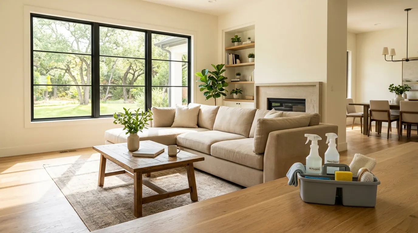 Bright, spotless family living room in Spring, TX with a cleaning caddy ready on the floor