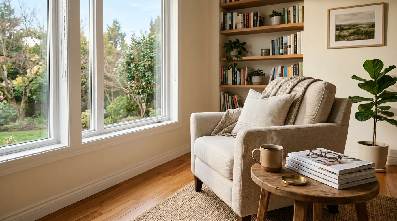 Freshly cleaned cozy reading nook with an armchair, coffee and home-care magazines