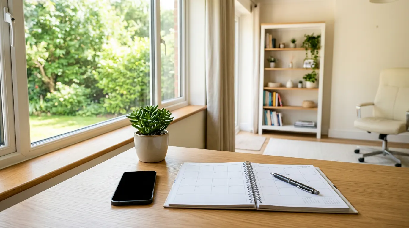 Sunny desk with a smartphone and open planner, ready to book a cleaning appointment