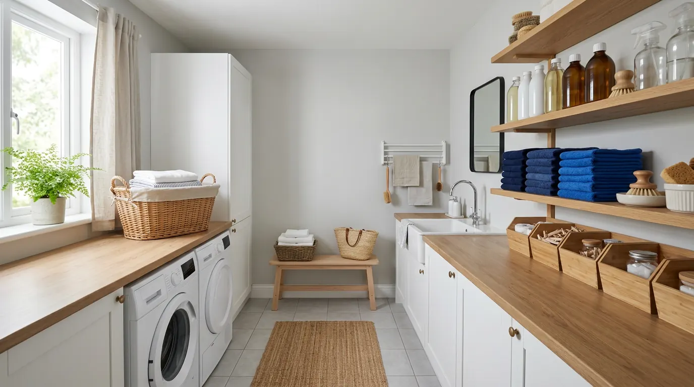 Organized utility room with eco-friendly cleaning supplies and folded navy microfiber cloths