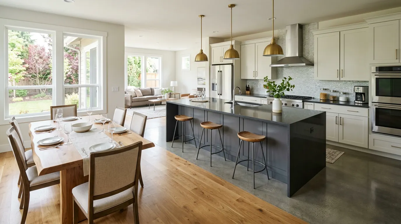 Gleaming freshly cleaned open-concept kitchen and dining area with polished countertops
