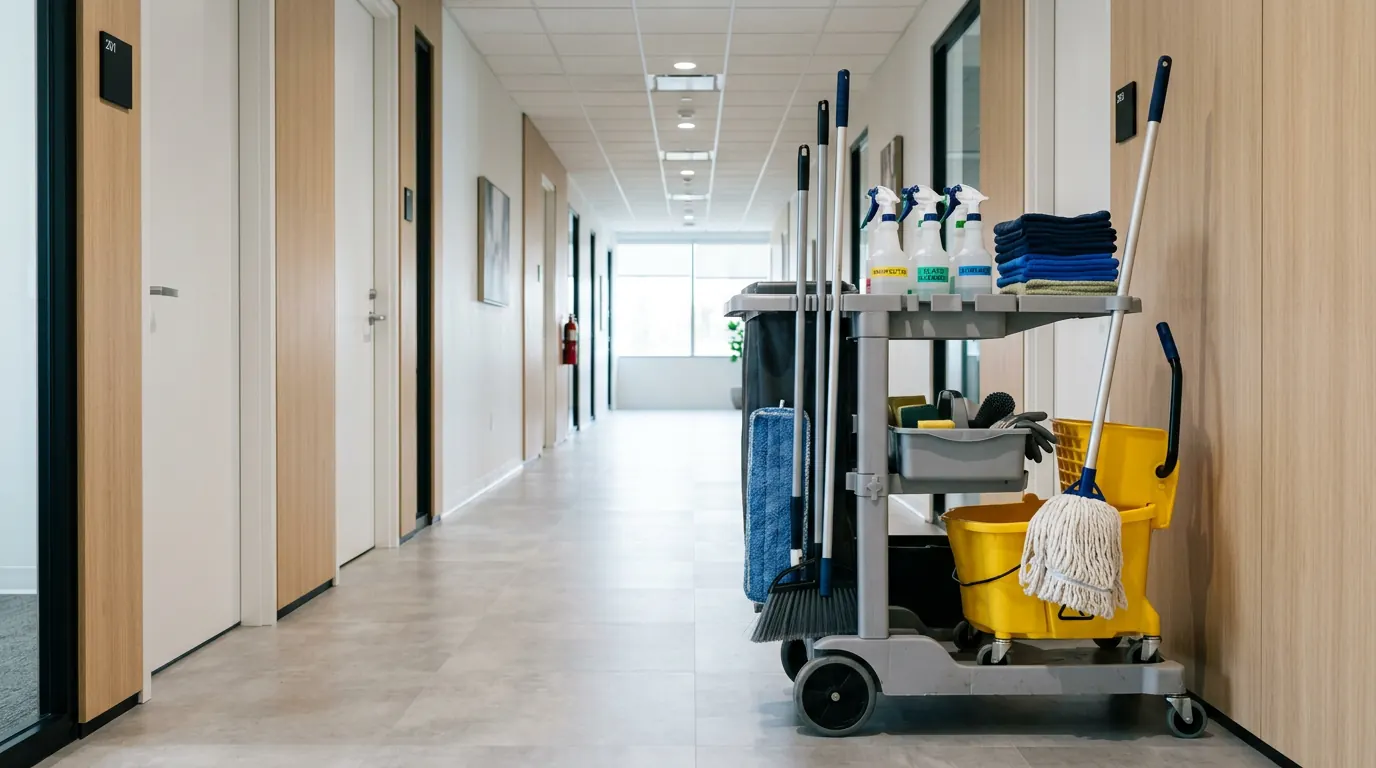 Professional janitorial cart with mops, microfiber cloths and spray bottles in a clean office hallway