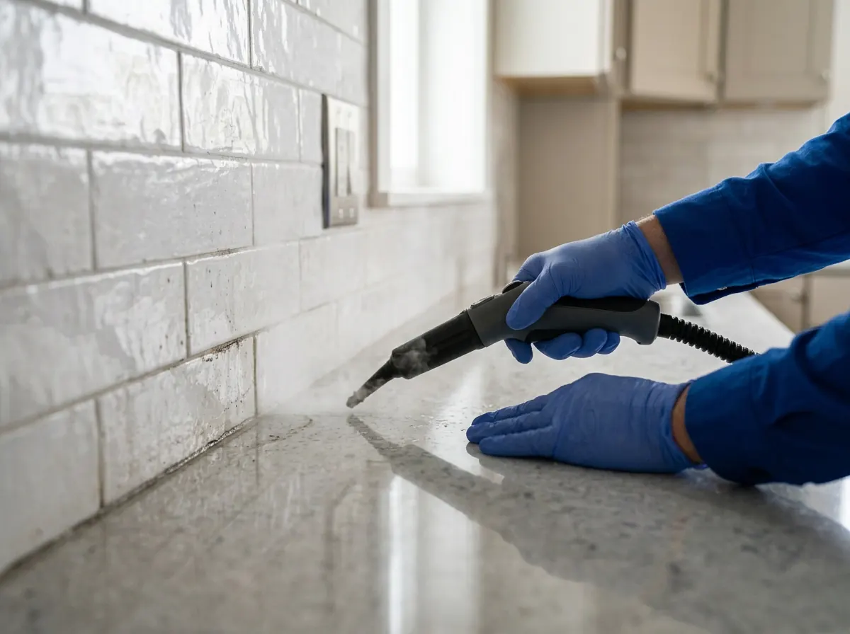 Gloved professional deep cleaning kitchen backsplash grout with a handheld steam nozzle