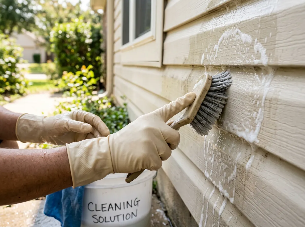 Gloved hands scrubbing the exterior siding of a home with a soft brush