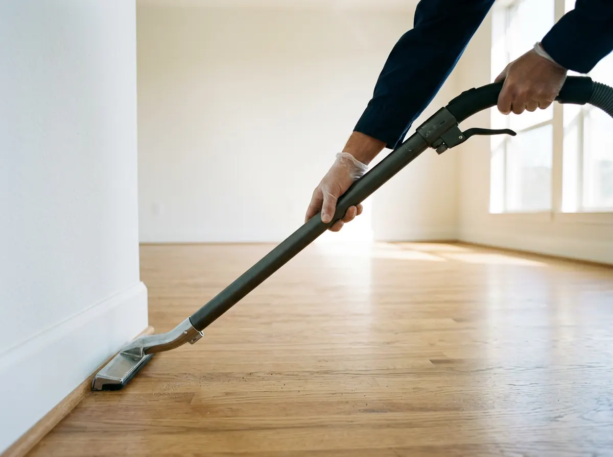 Professional cleaner vacuuming hardwood floor edges in an empty move-out apartment