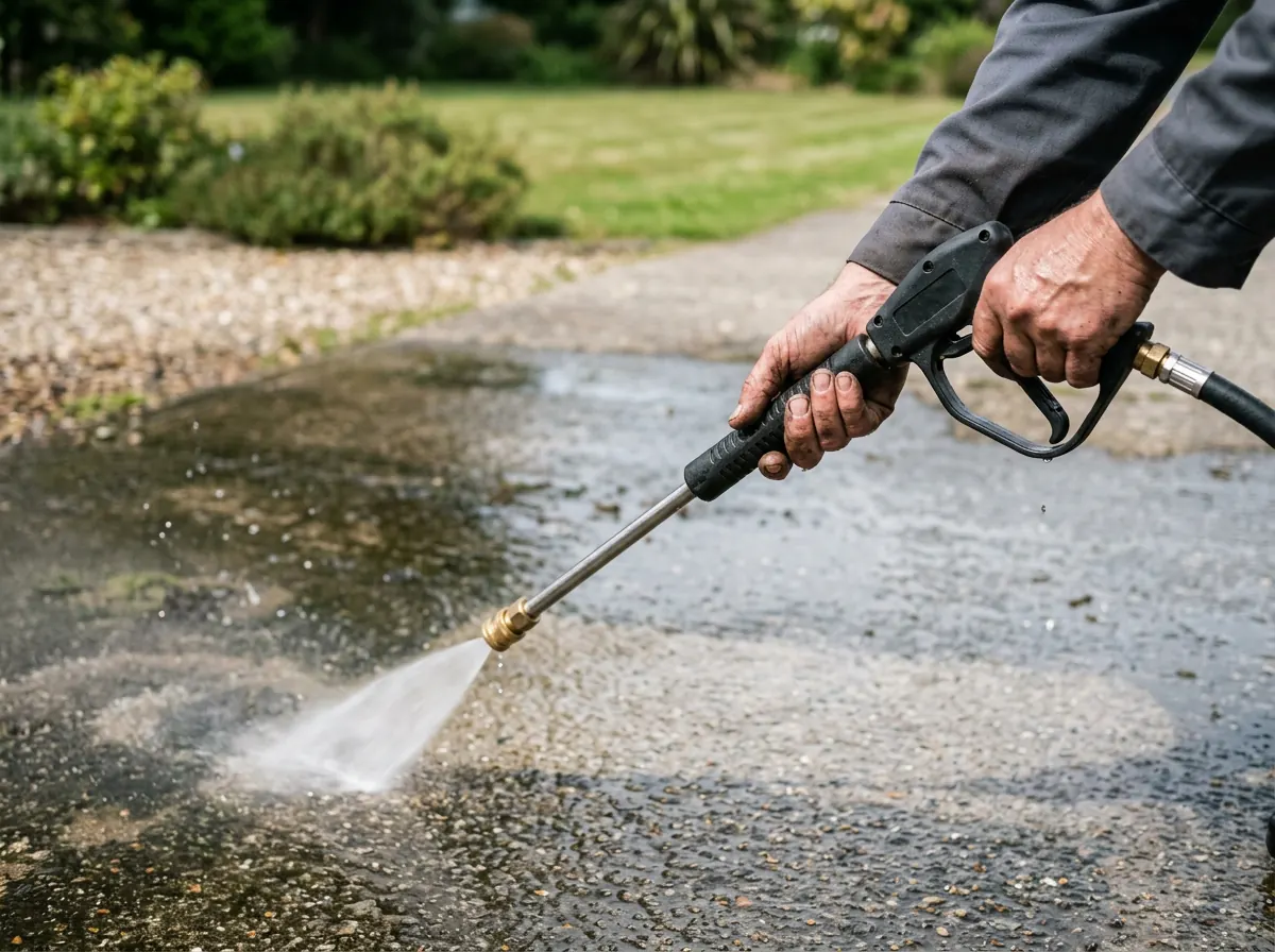 Hands power washing a concrete driveway with a pressure washer wand