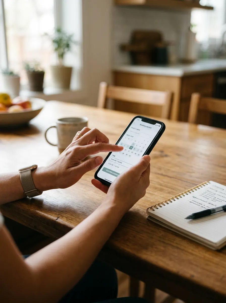 Cleaner scheduling a cleaning appointment on a smartphone