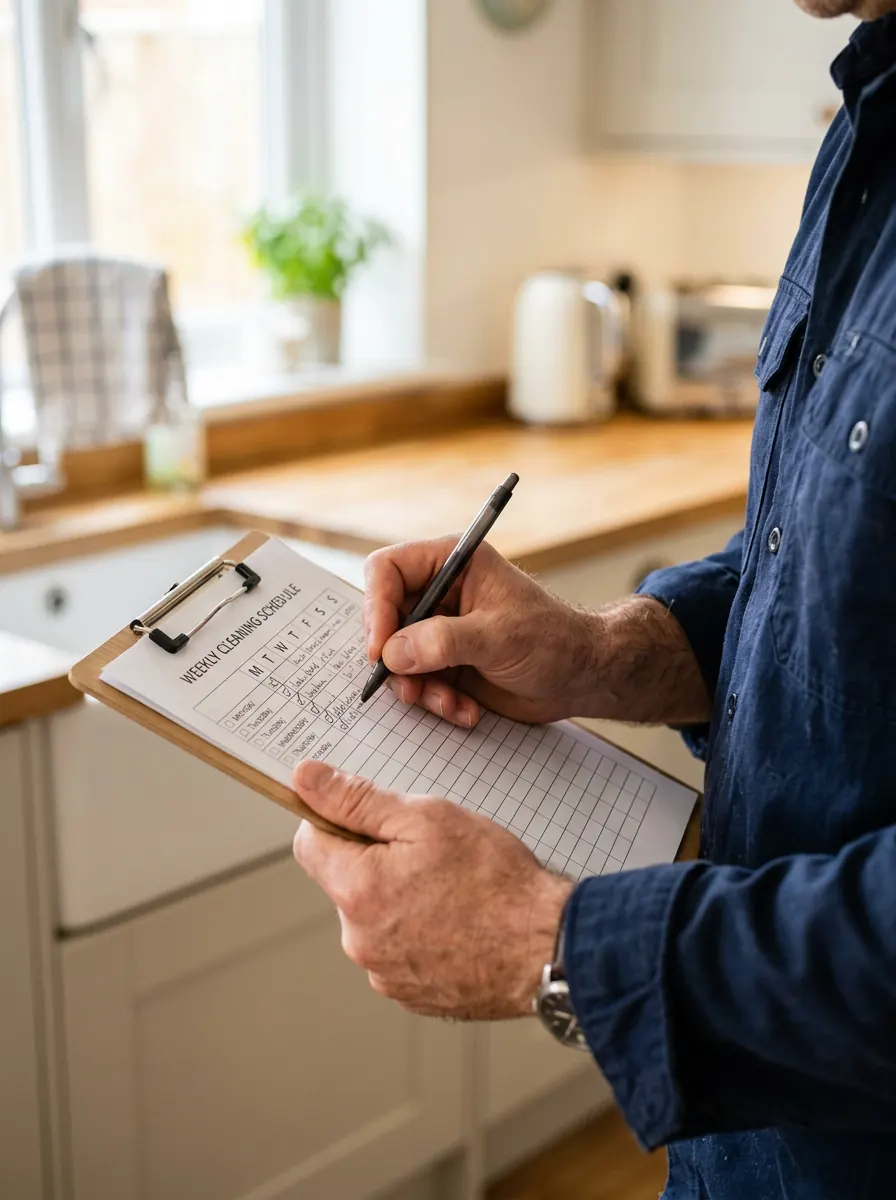 Cleaner writing a customized weekly cleaning checklist on a clipboard