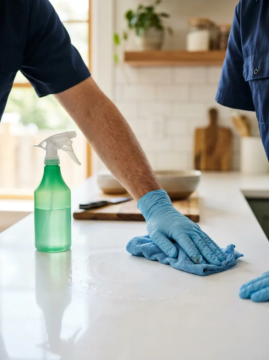 Gloved hands wiping a kitchen countertop with a microfiber cloth
