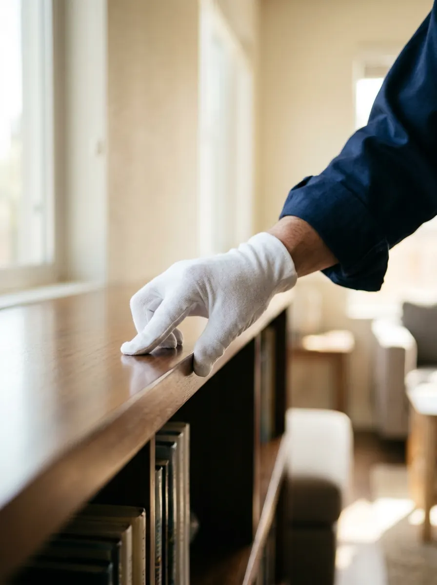White-glove final inspection of a dust-free shelf in a freshly cleaned home