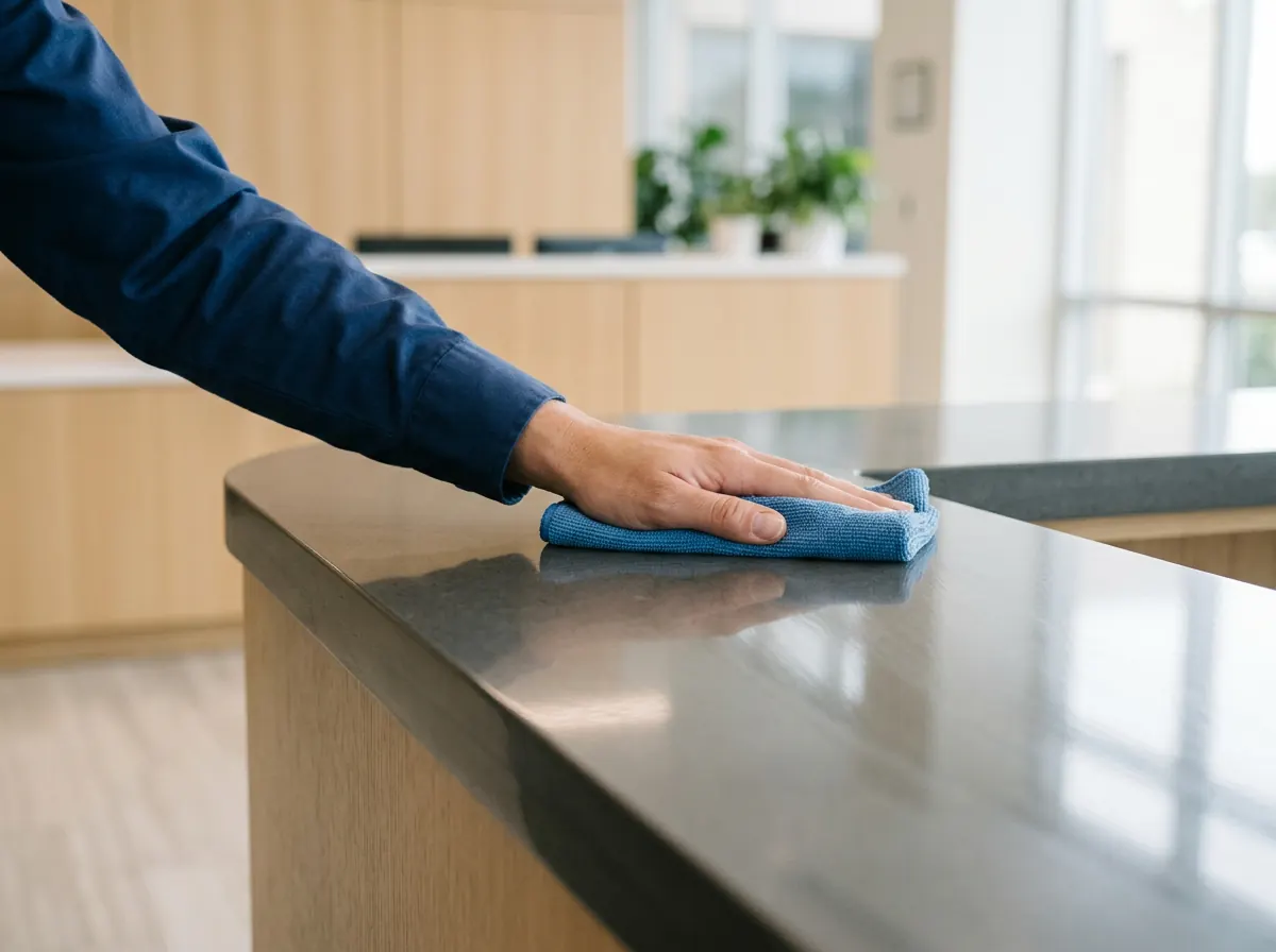 Professional cleaner wiping a modern office reception counter with a blue microfiber cloth
