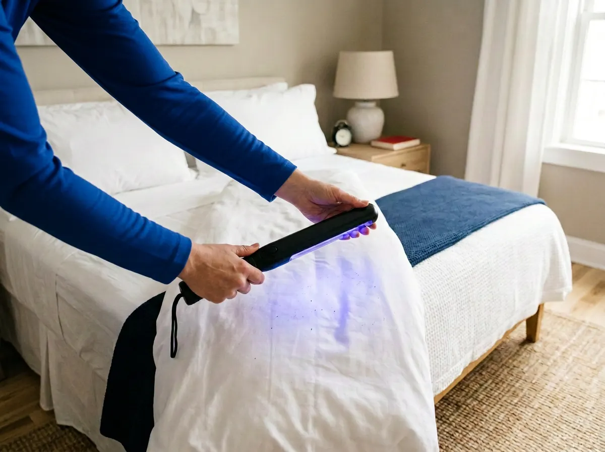 Professional vacation rental cleaner inspecting fresh guest bedding with a handheld UV-C light
