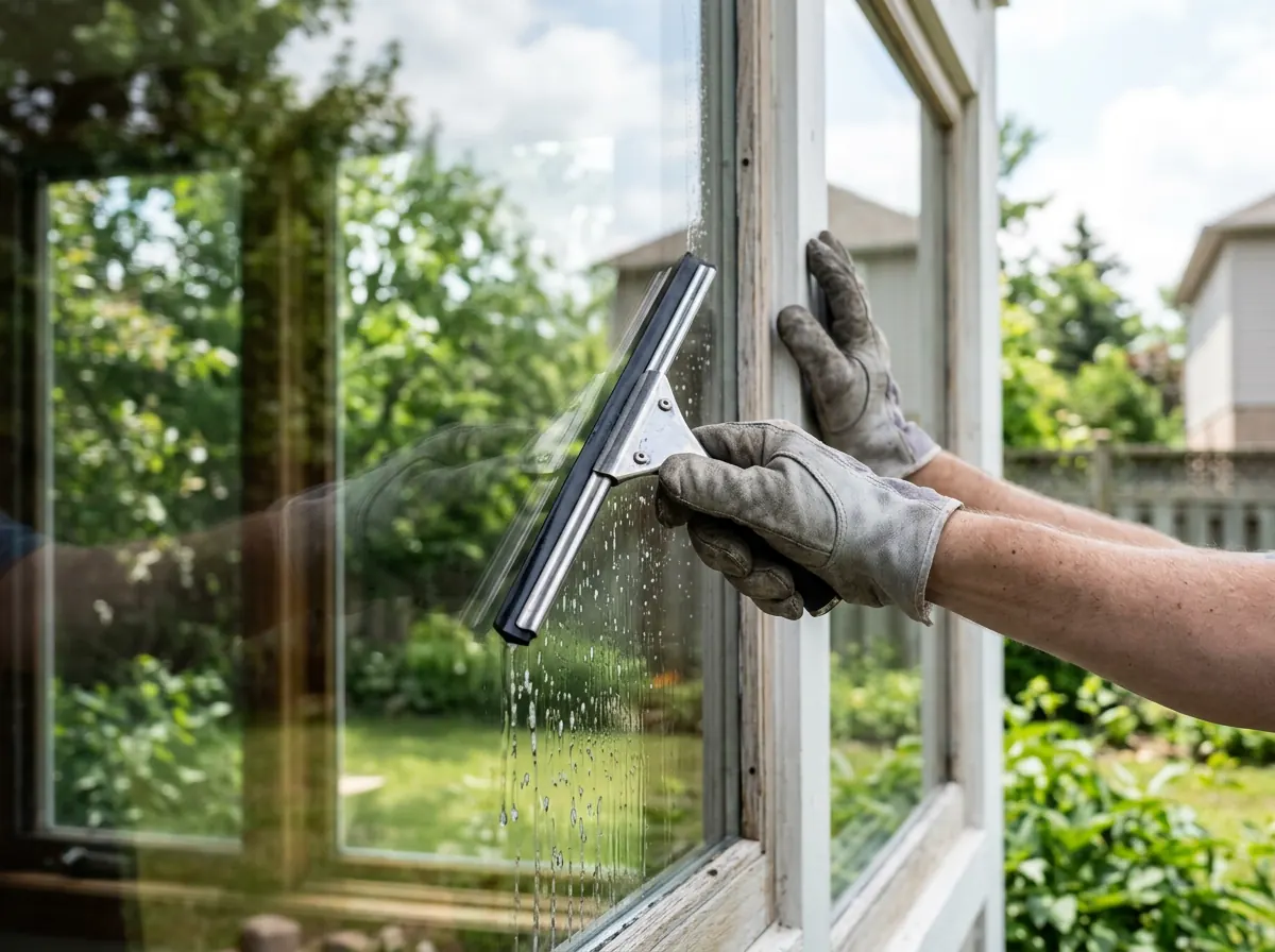 Gloved hands squeegeeing a sparkling clean residential window